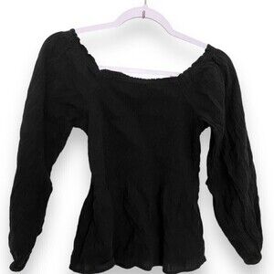 Madewell Blk Peasant Smocked Square Neckline Peplum Top Long Off Shoulder Sleeve